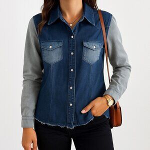 Billabong Two-Tone Denim Shirt S Blue Gray Long Sleeve Snap Front Pockets Casual